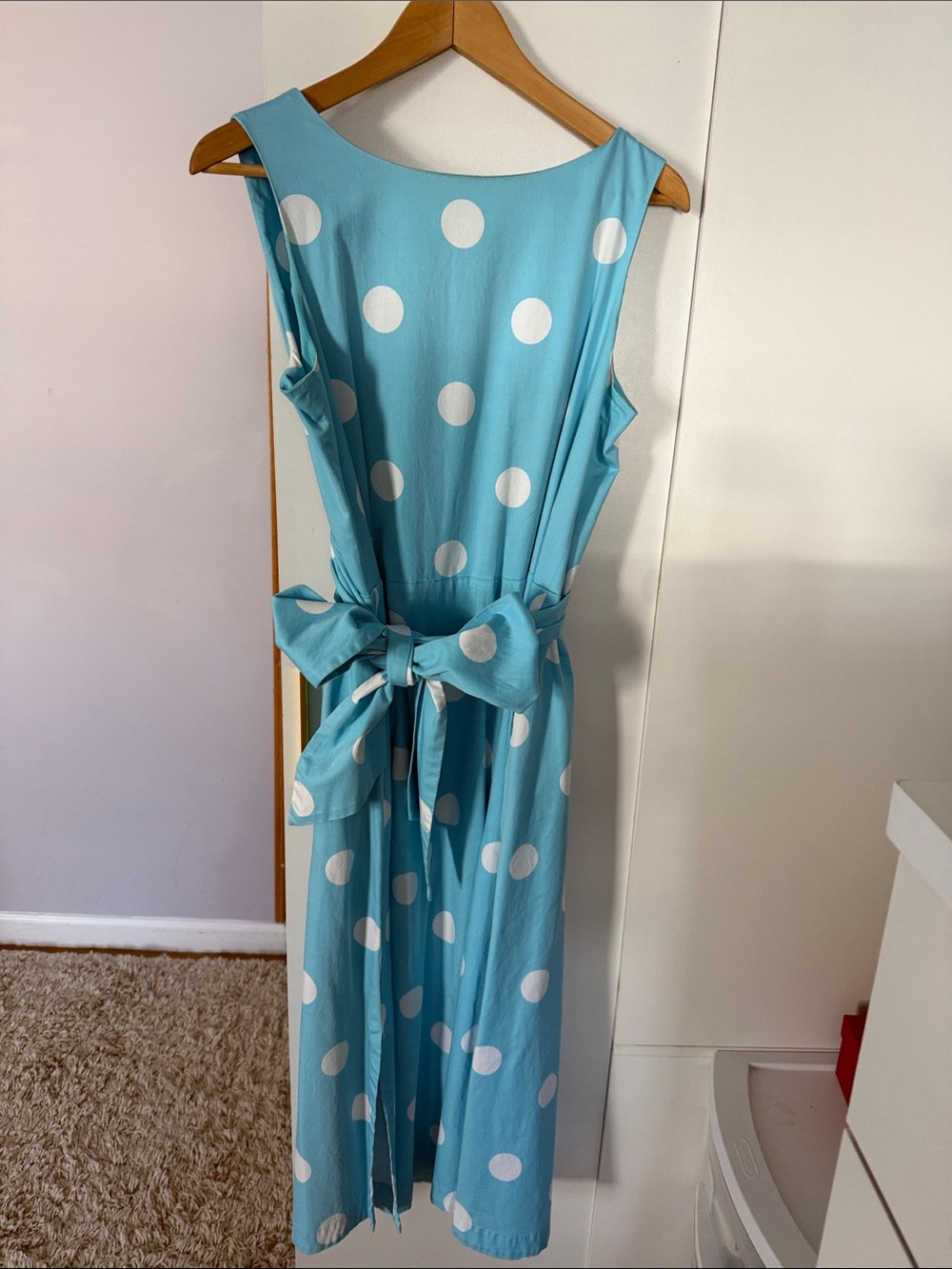 Anne Klein Aqua Polka Dot Midi Dress with Waist Tie